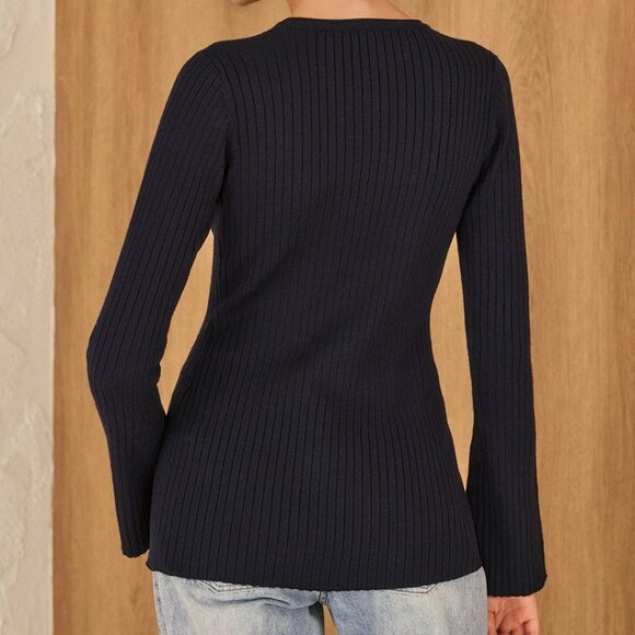 Commense Golden Button Split Knit Navy Top Size XS - Picture 4 of 7